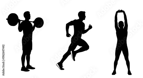 Silhouette illustration of men engaging in various fitness exercises