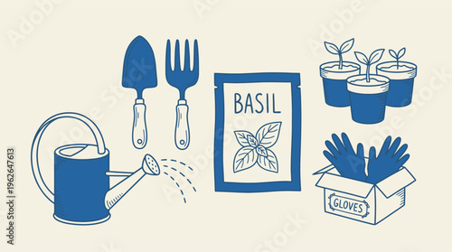 Hand-drawn gardening supplies set featuring a watering can, trowel, hand fork, basil seeds, and potted plants.