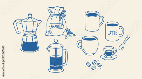 A detailed blue line art illustration showcases an assortment of coffee brewing equipment and beverage containers.