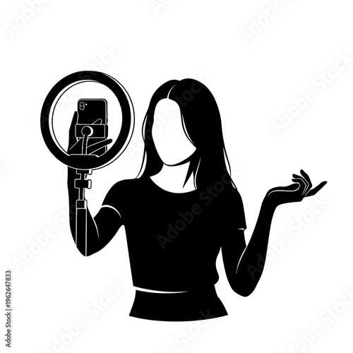 Woman holding ring light and smartphone.