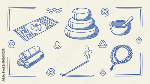 Essential collection of serene yoga and meditation accessories depicted in hand drawn style