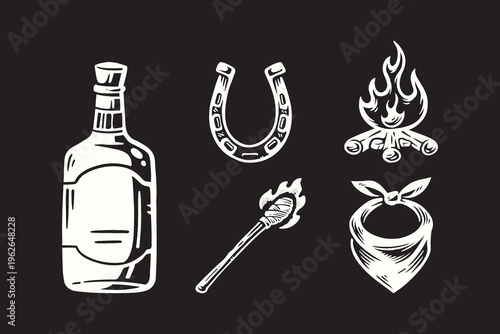 western outlaw retro illustration design set. Frontier objects vintage symbol pack. Cowboy gear rustic element designs. Bottle, Horseshoe, Campfire, Torch, and Bandana
