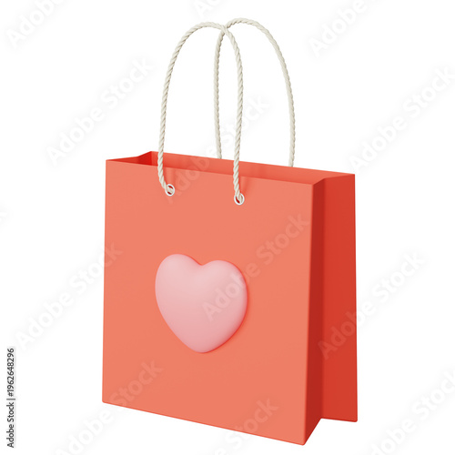 Foto 3D illustration of a pale red paper shopping bag with rope handles and a pink heart