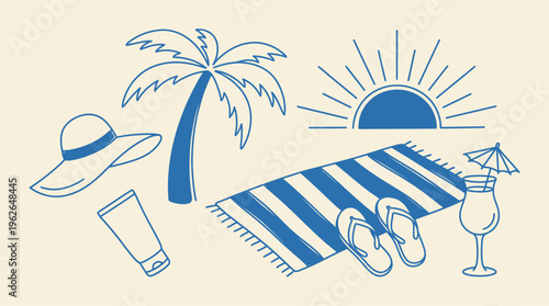 This appealing blue line art illustration features popular summer beach vacation essentials, perfect for travel themes.