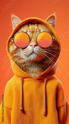 Stylish tabby cat in an orange hoodie and cool sunglasses
