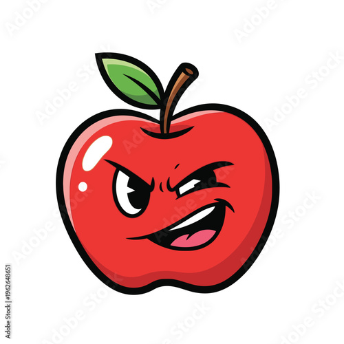 Angry cartoon apple with face.