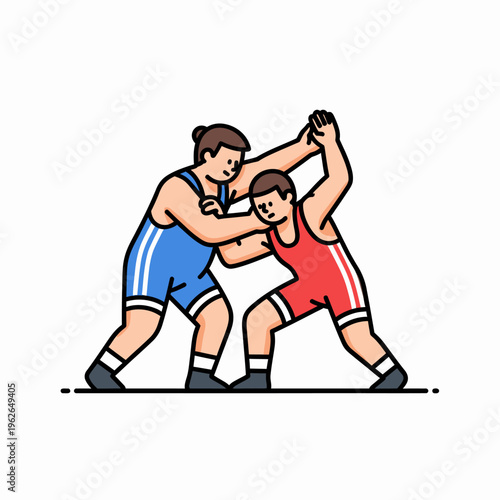 Two wrestlers locked in a grappling match, showcasing their strength and technique. The image features clean lines and a modern style.