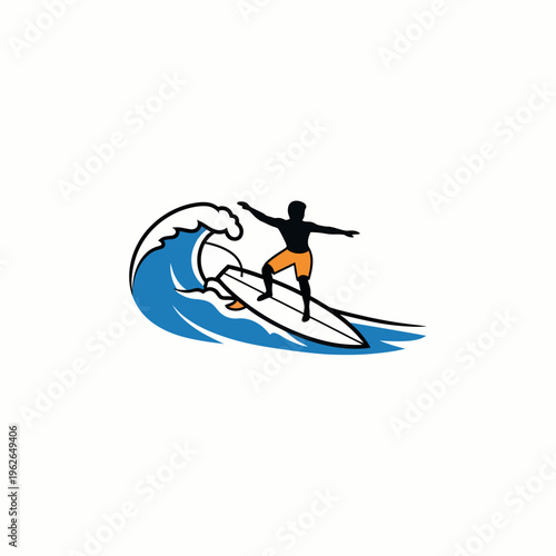 Silhouette of a surfer riding a large wave in the ocean. The surfer is balanced on a surfboard, arms outstretched, with a stylized ocean wave in the background