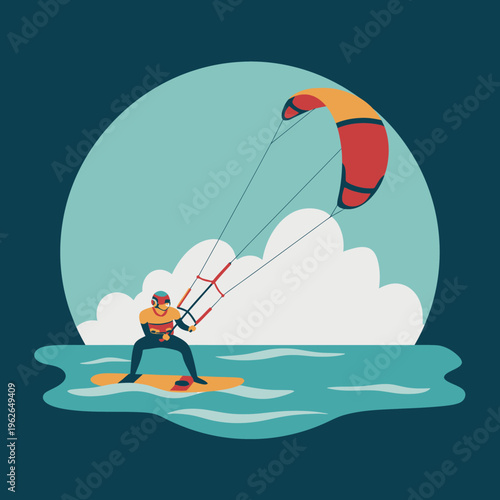 A person is kiteboarding with a colorful kite on the water. The scene is bright and filled with joy and energy.