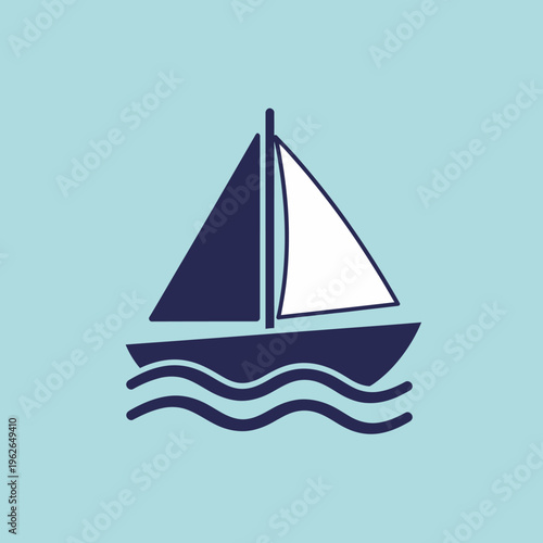 A navy sailboat sailing on the ocean with a blue backdrop