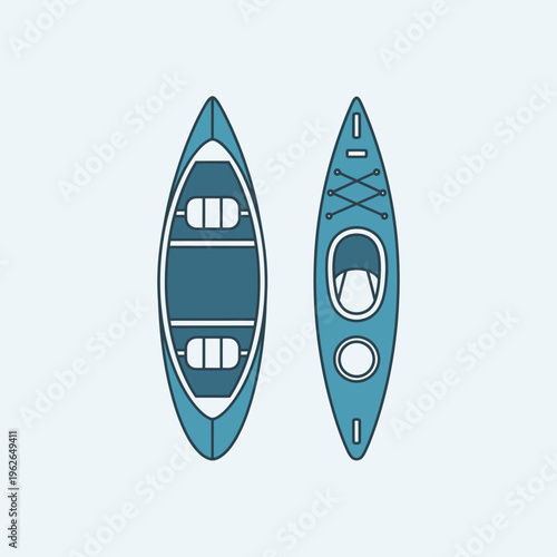 Two kayaks, a canoe and a kayak, viewed from above, showcasing their distinct designs, ideal for aquatic adventures