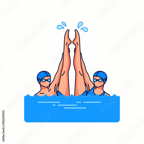 Synchronized swimming performance in blue water by two athletes. They perform their moves with precision, embodying grace, skill, and teamwork
