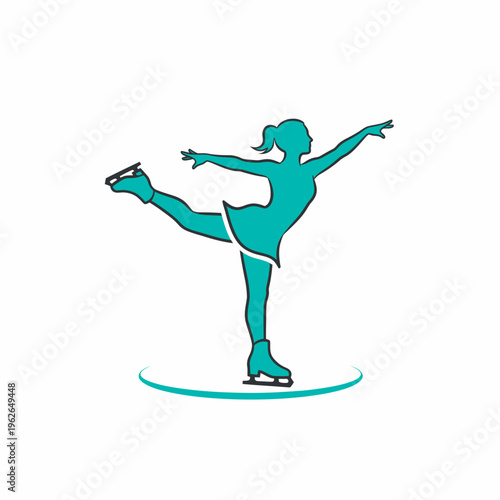 A silhouette of a graceful figure skater in a dynamic pose. The skater is dressed in a dress and ice skates.