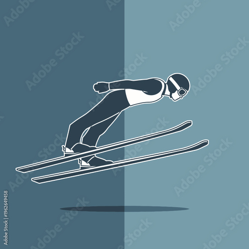 A ski jumper soaring through the air in silhouette against a contrasting background