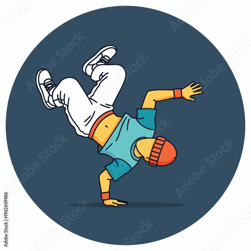 A dynamic illustration of a person breakdancing in a vibrant pose. The figure showcases impressive movement and energy, set against a circular backdrop.