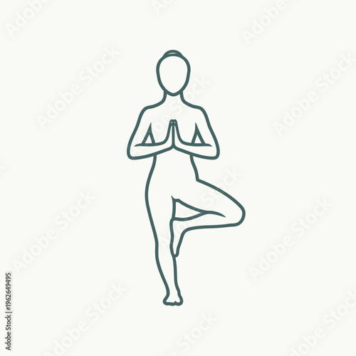 An illustration of a woman in the tree yoga pose. Her hands are in prayer position and she has one leg raised in a balanced posture
