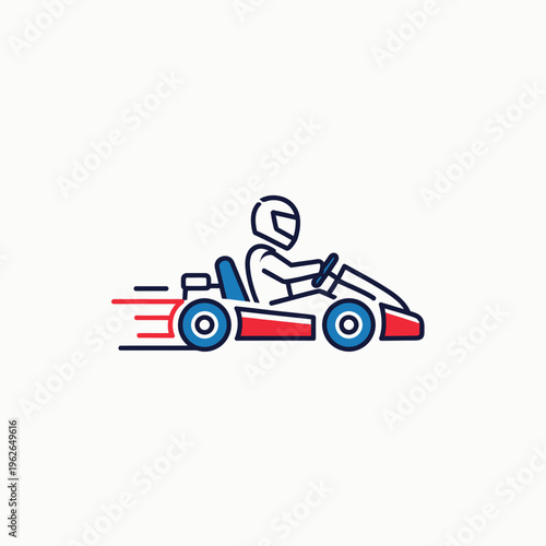 An illustration of a person karting. The illustration shows a person driving a kart with a helmet on a light background. 