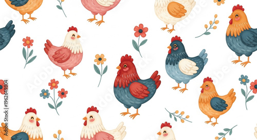 Cute Farm Chicken Seamless Pattern with Flowers Colorful Hand Drawn Easter Spring Illustration