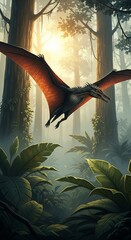 Pterodactyl Flying Through Lush Jungle Canopy with Sunbeams, Prehistoric Era Wildlife Photography