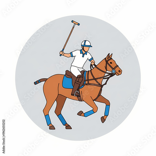 An illustration of a polo player riding a horse while swinging a mallet