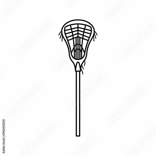 A simple line drawing of a lacrosse stick against a clear background. The stick is ready for action. The drawing looks professional and the style shows a sleek and athletic essence