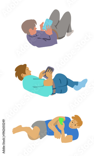 寝転がってスマホを操作する男性のベクターイラストのセット