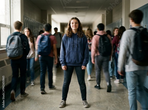 Emotional scene of a student standing strong while others fade into blur, expressing empowerment, individuality, and resistance to bullying in a school setting
