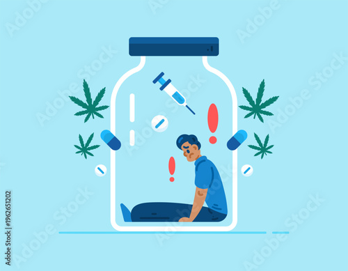 The concept of drug addiction. Dependence on illegal drugs, narcotics, marijuana. Illustration of a man sitting listlessly and trapped inside a jar of drugs. Bad lifestyle. Metaphor, flat style, blue 