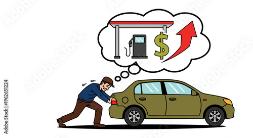 Man Pushing Broken Car Thinking About Rising Fuel Costs and Gas Prices