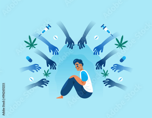 The concept of drug addiction. Dependence on illegal drugs, narcotics, marijuana. Illustration of a man sitting listlessly surrounded by arms. Bad lifestyle and environmental influences. Metaphor