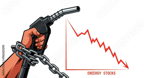 Hand Holding Fuel Nozzle with Decreasing Energy Stocks Chart Illustration