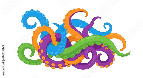 Vibrant cartoon tentacles intertwined creating a dynamic and chaotic composition of sea creatures