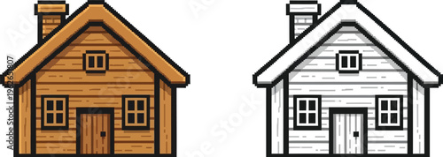 Two illustrations of a rustic wooden house, one in color with brown siding and a dark roof, and the other a black and white outline version, both featuring a chimney, front door, and multiple windows.