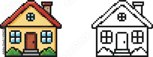 Pixel art house illustration with a red roof, yellow walls, brown door, blue windows, and green bushes, alongside its black and white outline version.