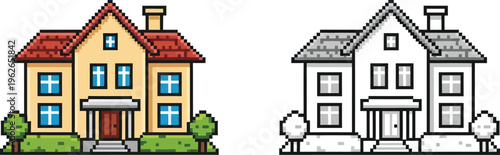 Detailed pixel art illustration of a charming two-story house with a red roof, chimney, and front porch, presented in both full color and monochrome outline versions.