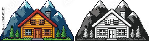 A pixel art illustration of a colorful log cabin nestled in front of blue mountains with snowy peaks and green trees.