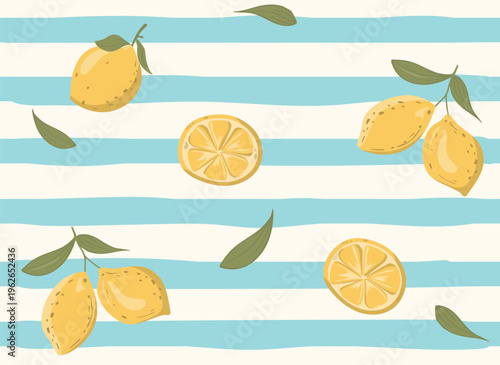 Seamless pattern of fresh lemons and sliced citrus on light blue striped background. Mediterranean style. use for background , wallpaper, seamless textile wrapping. vector illustration
