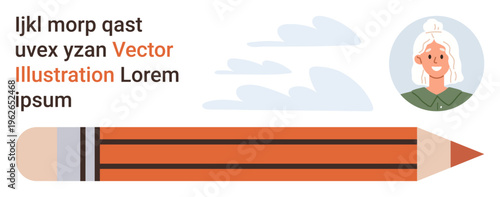 Education, creative writing, graphic design, learning tools, writing inspiration, illustration concepts. A pencil, portrait of a woman and abstract clouds. Education and creative writing