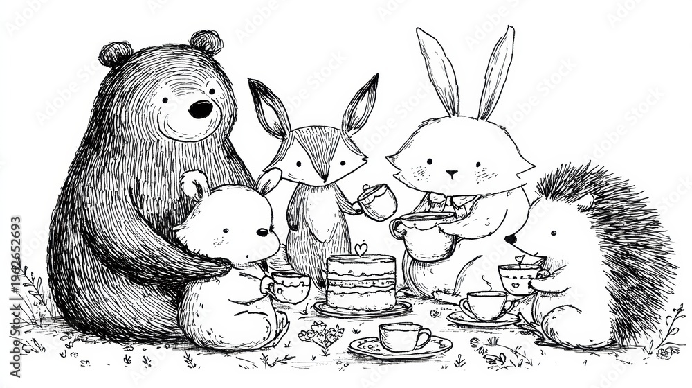 Fototapeta premium Woodland Animals Gather for a Tea Party Featuring a Bear, Fox, Rabbit, and Hedgehog Enjoying Tea and Treats Around a Small Table