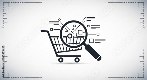 Shopping cart with magnifying glass and analytics symbols for online search and optimization