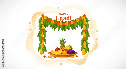Happy ugadi festival celebration with traditional indian fruits and leaves decoration