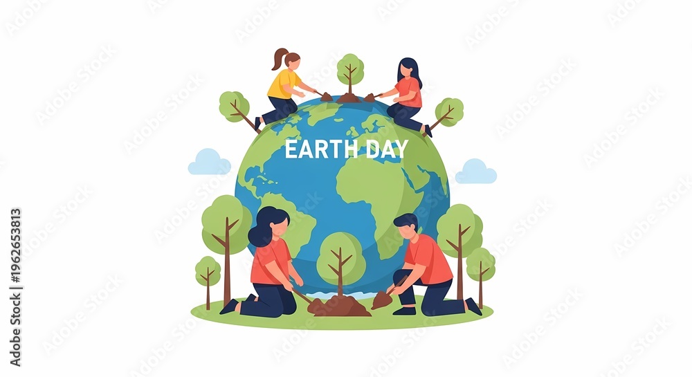 Fototapeta premium People planting trees around the globe to celebrate Earth Day, promoting environmental protection and sustainability.