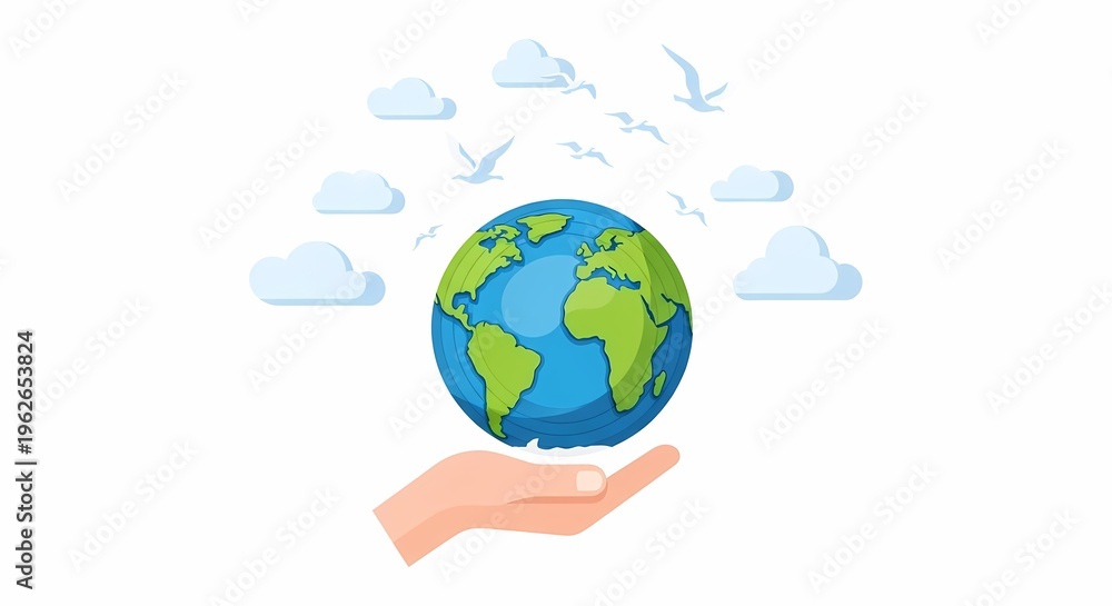 Fototapeta premium A human hand gently cradling the Earth, symbolizing global environmental protection, sustainability, and ecological care with clouds and birds in the background.