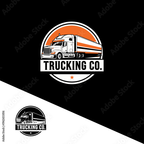 A bold, circular logo for a trucking company featuring a white and orange semi-truck against a black background, with "TRUCKING CO." text below.