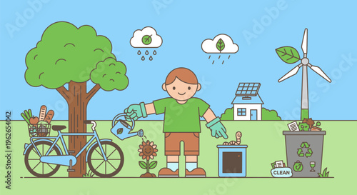 A young boy waters plants next to a bicycle and recycling bins under a tree with a wind turbine and solar panel in the background on a cloudy day.