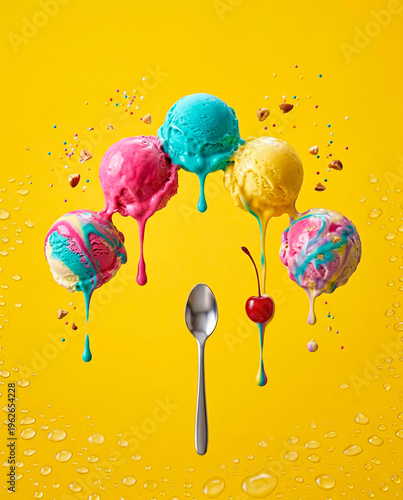 Floating colorful ice cream scoops with dripping sauces and cherry on bright yellow background. Ice cream concept for dessert ads, social media, summer campaigns, food blogs and party design 