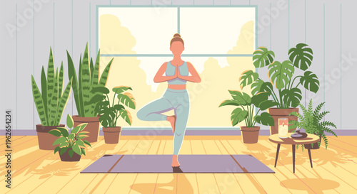 A woman practices yoga in a serene indoor setting surrounded by plants