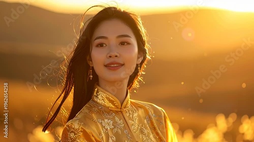 Woman in gold dress sunset.