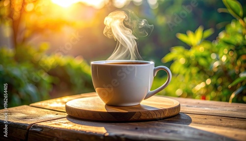 Steaming Coffee Cup on Rustic Wooden Table at Sunrise: Aromatic Morning Beverage Enjoyment in Nature's Golden Light