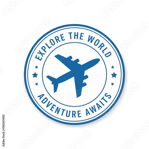 Round emblem with a blue airplane silhouette and the text EXPLORE THE WORLD ADVENTURE WAITS, perfect for travel and adventure-themed designs